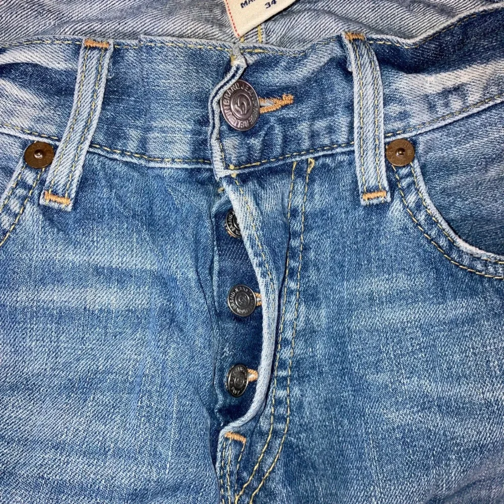 Vtg True Religion Slim Straight Jeans Men 34 Blue Flap Pocket Whiskered USA Made